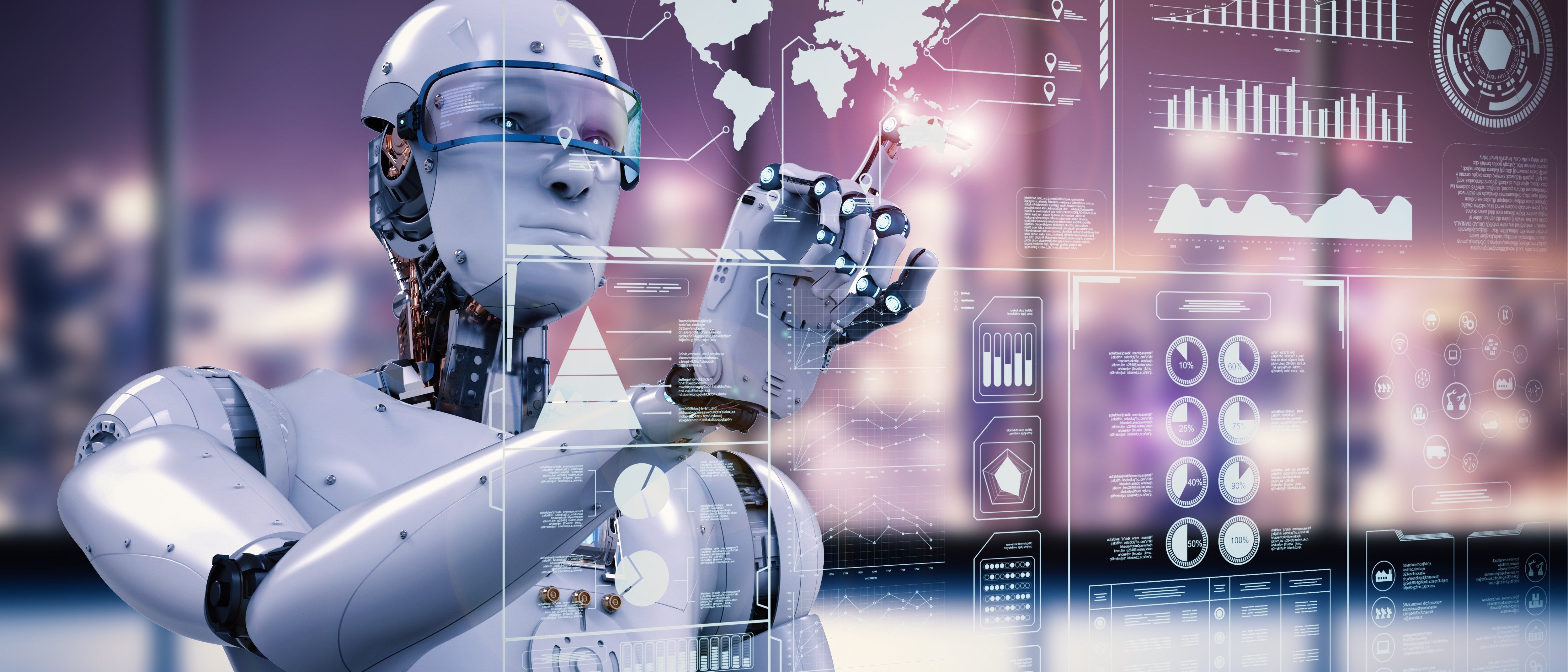 A humanoid robot interacts with transparent screens displaying data graphs and world maps.